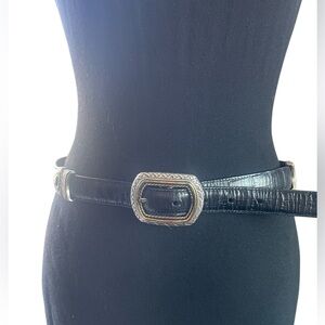 Brighton Medium Alligator Embossed Leather Belt, Black Brown Two Tone Silver Gol